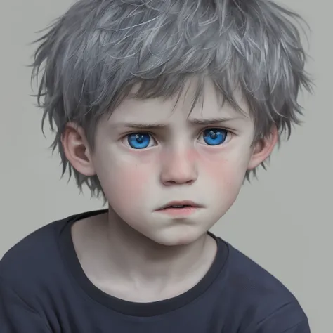 pale emaciated young boy with blue eyes and grey hair