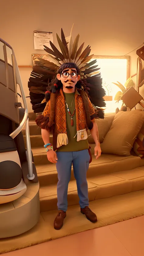 Use essa imagem para fazer um personagem da Disney Pixar. He must be an indigenous, with glasses and mustache, conforma a imagem