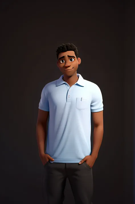 Um homem negro estilo Disney pixar, alta qualidade, melhor qualidade, illuminated by the light of a lamp, contra o pano de fundo de uma biblioteca