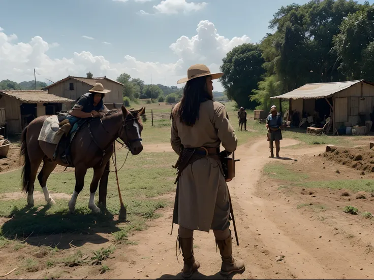 Draw an animation scene that depicts a tense moment at the beginning of human civilization. Em um campo rural, Show farming families working on their land, Growing food and living a peaceful life. Na periferia do campo, Illustrious Nomads, vestindo roupas ...