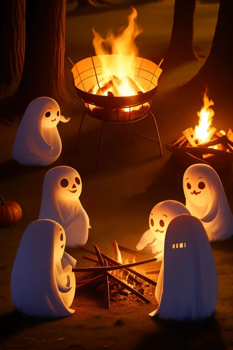 Friendly ghosts gather around a campfire, Telling spine-tingling stories about Halloween days gone by. --auto