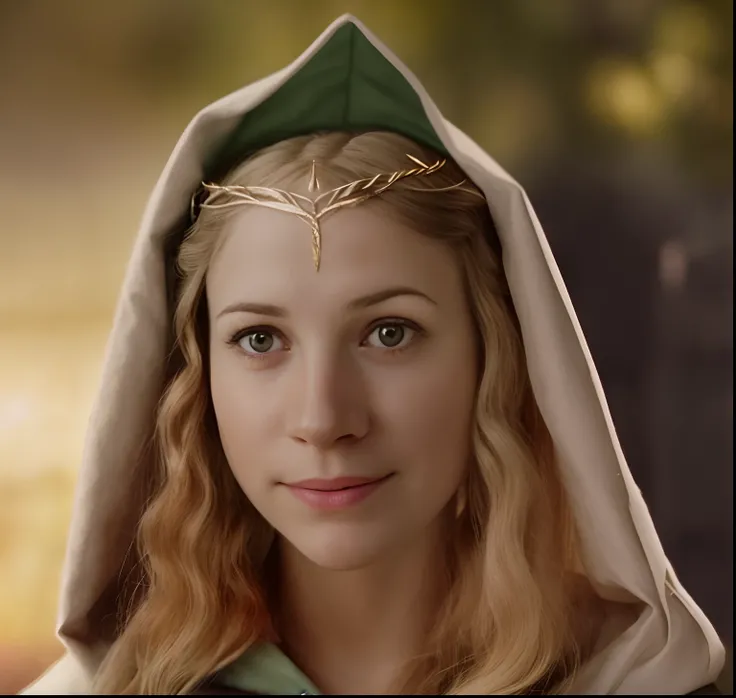 a close up of a woman wearing a hoodie, of elven queen galadriel, galadriel, Galadriel in Lothlórien, galadriel from lord of the rings, scene where she is in rivendell, elven princess, elf princess, blonde elvish empress, she has elf ears and gold eyes