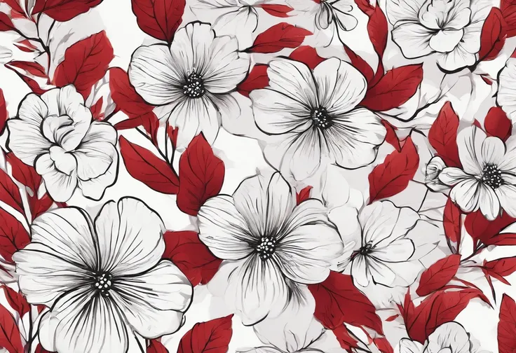 flower pattern, estilo plano, pintadas con marcador negro. estilo vector, estilo dibujo acuarela ,solo color rojo acuarela