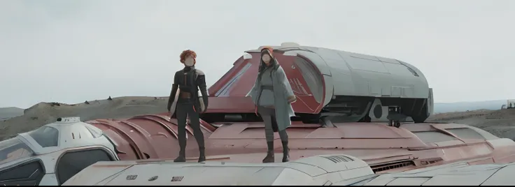 They were standing on the roof of a car with a big red roof, cinematic ligh《Dune - 2021》cinematic Film still from, in the 2 0 2 1 movie dune, 《Dune 2020》cinematic Film still from, scene from dune 2 0 2 1 movie, depicted as a scifi scene, in an arena in mov...