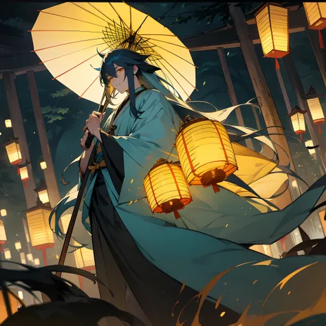 Adult, 1male, messy blue long hair, yukata, finely detailed yellow eyes, posing with umbrella, dark forest shrine, lanterns lit,