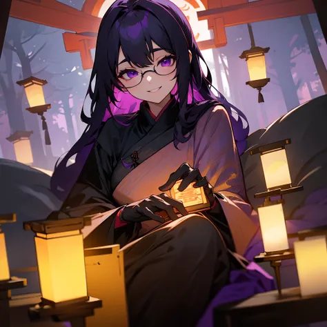 Adult, 1female, black long hair, yukata, finely detailed purple eyes, dark forest shrine, lanterns lit, glasses, black gloves, smiling