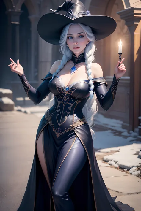 realistic elsa, with witches costume full body, 8k resolution, (best quality: 1.1), (anatomically correct: 1.1), (perfect hand: 1.1 ), ( (Facial Detail: 1.3)), (Skin Detail), (Perfect Eyes), (Perfect Nose), (perfect hand fingers)