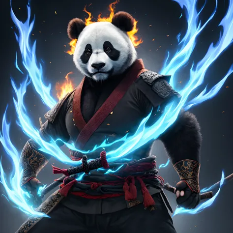 Panda man in samurai style with blue flames on his shoulder