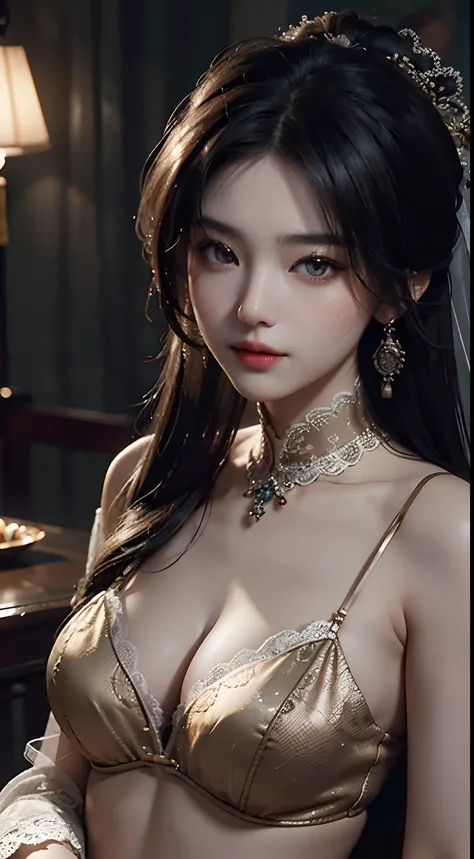 Best quality, (RAW photo: 1.2), (Masterpiece: 1.4), (Realistic: 1.4), (High resolution: 1.4), Chinese actress Guli Naza, depth of field, intricate details, 8k, very detailed, perfect lighting, epic background, lace lingerie