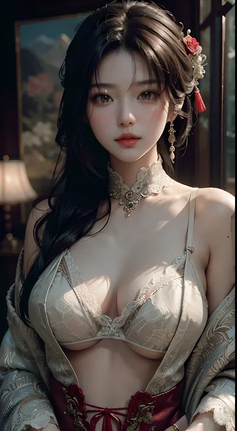 Best quality, (RAW photo: 1.2), (Masterpiece: 1.4), (Realistic: 1.4), (High resolution: 1.4), Chinese actress Guli Naza, depth of field, intricate details, 8k, very detailed, perfect lighting, epic background, lace lingerie