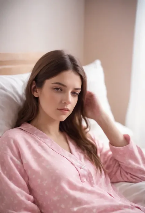 Sleeping girl, Spanish 22 years old, realistic, she is wearing pink long pajama, brown hair.