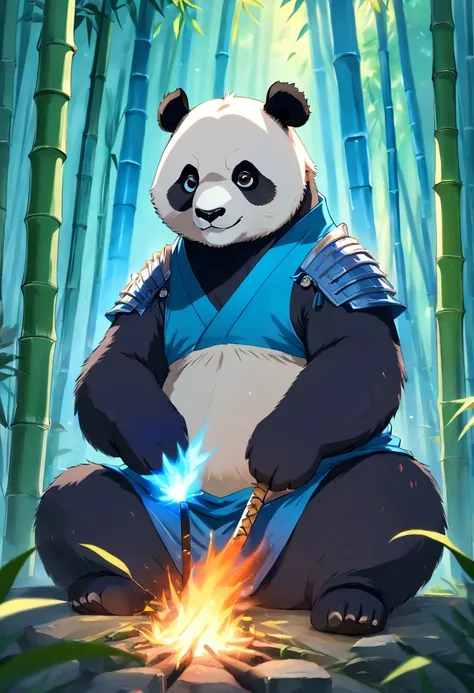 Furry panda in a samurai outfit sitting in a bamboo forest with blue flames in hand