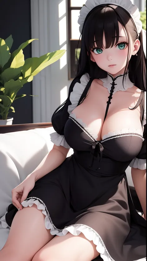 (top-quality)、(detaileds)、(1 girl in)、Colossal tits、livingroom、looking at viewert、Beautiful green eyes、A dark-haired、detaileds、maid clothes、black and white maid uniform、Highly exposed、Bend over in a deep valley、embarrassed from