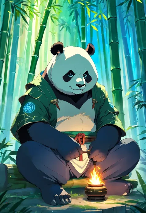 Panda warrior man in samurai outfit sitting in a bamboo forest with blue flames in hand