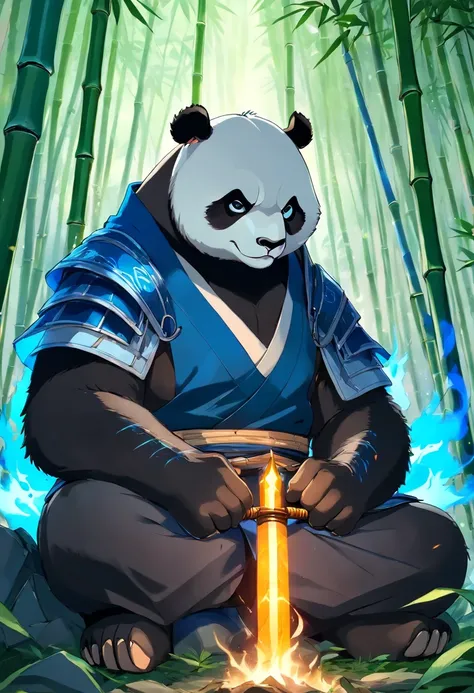 Panda warrior man in samurai outfit sitting in a bamboo forest with blue flames in hand