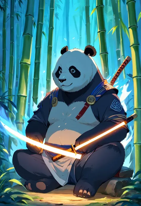 Panda warrior man in samurai outfit sitting in a bamboo forest with blue flames in hand