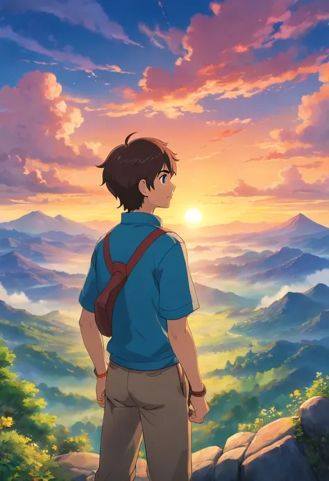 A young man stands on top of a mountain, contemplando un hermoso atardecer. A medida que el sol se oculta lentamente en el horizonte, Warm, vibrant colors paint the sky. The young man feels a deep inspiration and motivation when he observes this beautiful ...