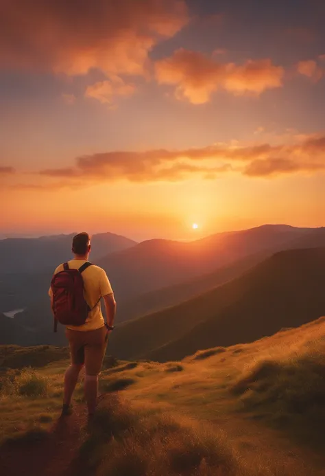 Create a Pixar movie-style image of a man with a small beard and sunglasses with a football shirt on his back watching the sunset from a mountain