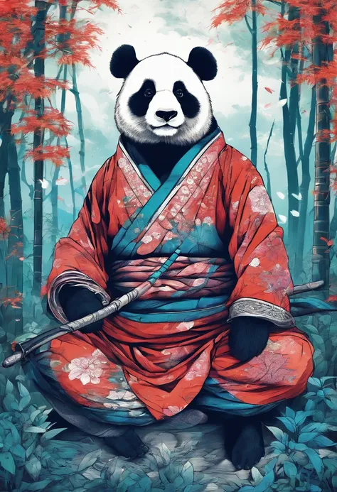 Panda warrior man in samurai outfit sitting in a bamboo forest with blue flames in hand