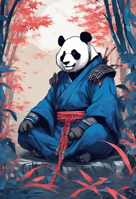 Panda warrior man in samurai outfit sitting in a bamboo forest with blue flames in hand