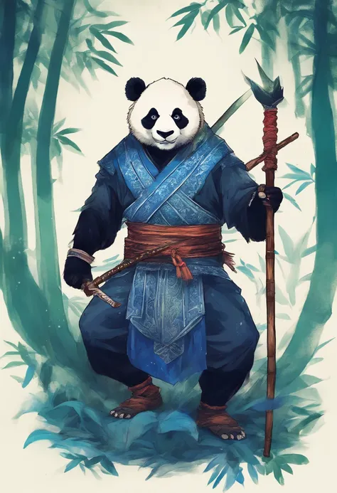 Panda warrior man in samurai outfit sitting in a bamboo forest with blue flames in hand