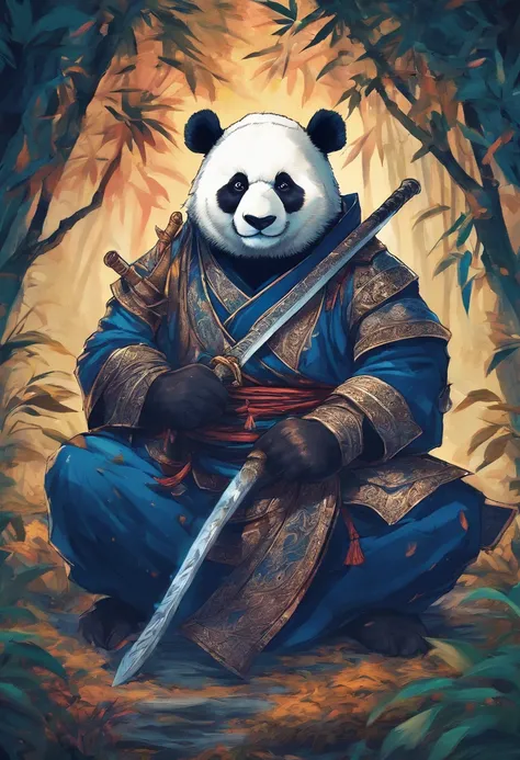 Panda warrior man in samurai outfit sitting in a bamboo forest with blue flames in hand