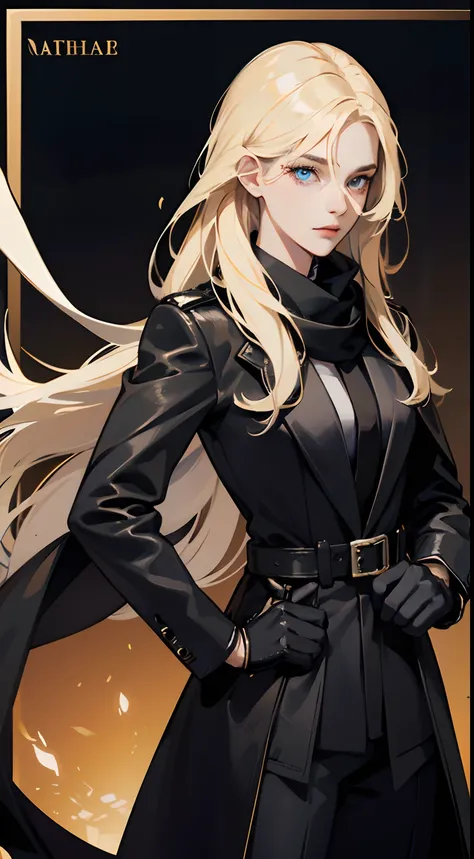 Woman with long blonde hair, Heterochromia, The left eye is blue, The right eye is brown, Black Long Leather Coat, black undershirt, Archery gloves, fighter, black pant, Black scarf with snakes and owls, Pathos