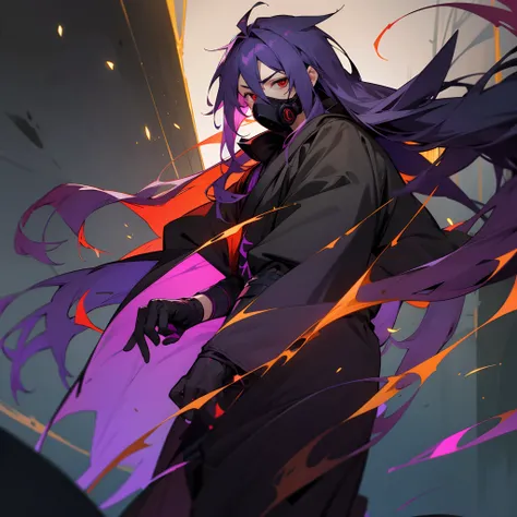 Adult, 1male, messy purple long hair, loose ninja clothing, finely detailed red eyes, dark village, fireflies, gas mask, walking through smoke