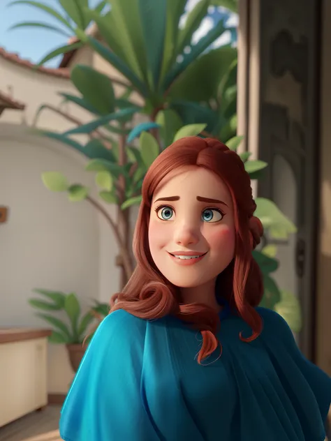 Uma mulher branca de olhos castanhos e vestido azul no estilo Disney Pixar alta qualidade melhor qualidade