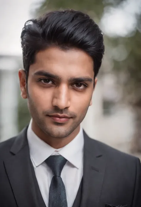 30 year old Indian man with black hair in a business suit, portrait, looking directly at the camera, headshot, shaved