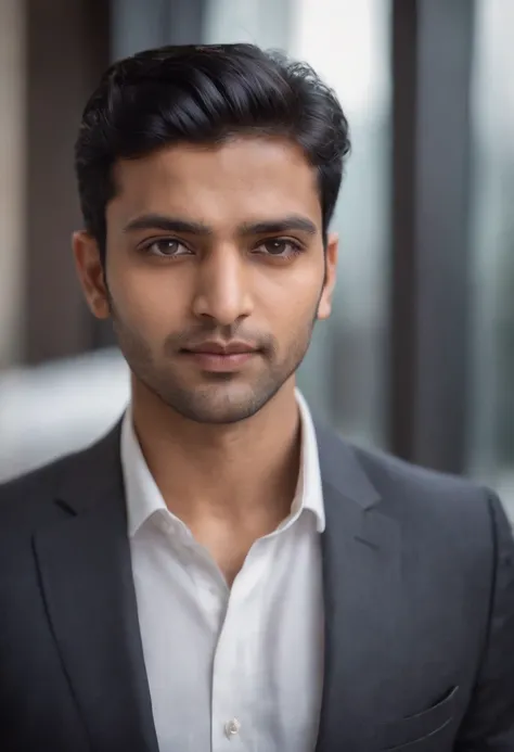 30 year old Indian man with black hair in a business suit, portrait, looking directly at the camera, headshot, shaved