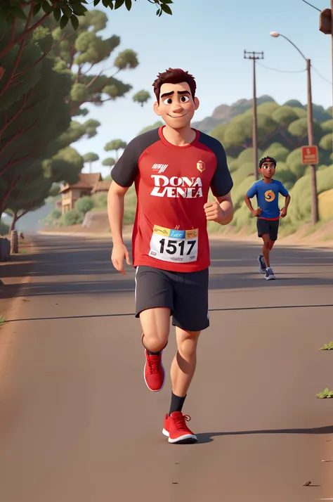 Um homem corredor com camiseta preta e vermelha com a estampa escrita corre comigo, Disney Pixar, alta qualidade, melhor qualidade