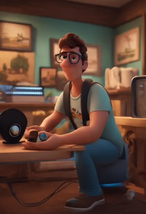 um homem, em breve, olhos castanhos, com fones de ouvido, A music studio in the background, Imagem no estilo Pixar, Estilo de filme animado 3D, Disney, camiseta preta, With eye Glasses