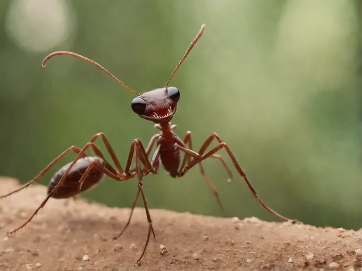 imagem, 8k, Realistic, Cinematography,"Depict a scene in which a giant laughing ant with hands outstretched with its whole body, Perto, passes by João do Barro, com o bico aberto.