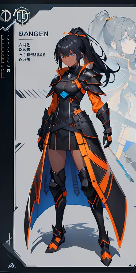 1 girl, ((Dark Skin)), (Blue eyes), Black hair with Ponytail and Orange Highlights, Black Overcoat, ((black and orange armor)), (((Game concept art)))