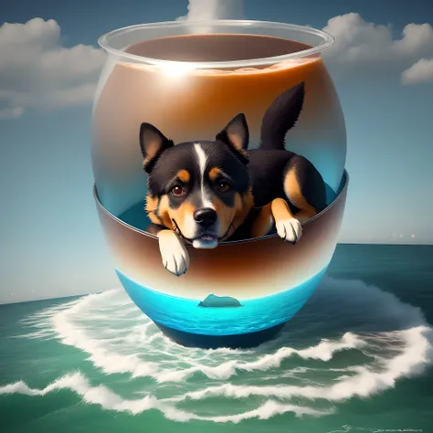 A dog inside a giant cup in the middle of the ocean.