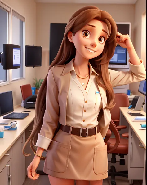 Tall woman dentist long hair light brown in a dental office