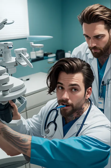 Criar uma imagem estilo capa de filme da Pixar, a white male dentist with beard and tattoos on his 2 arms marsala clothing written Dr Lucas Fonseca 
in the background a dental office written CISO ODONTO.