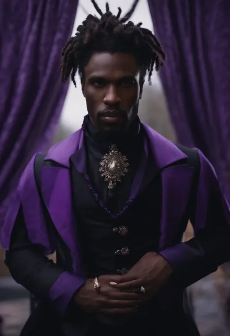 A gothic black man, , , with a dread hair, , , villain, , , black clothes with purple detail, , , the clothes follow a Victorian style.