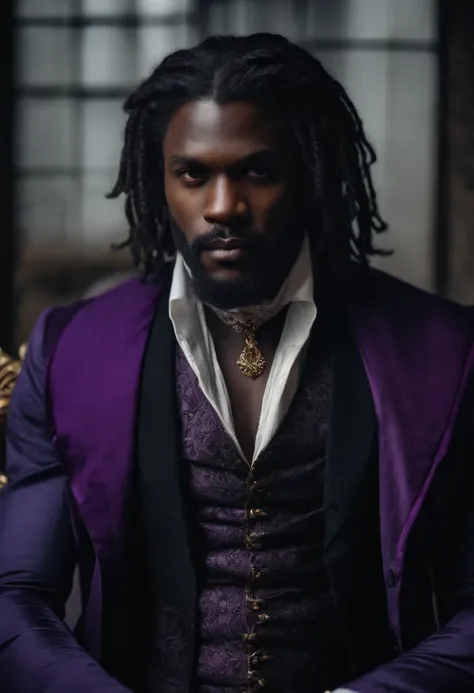 A gothic black man, , , with a dread hair, , , villain, , , black clothes with purple detail, , , the clothes follow a Victorian style.