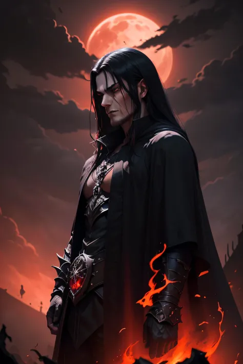 a dark muscular male evil lord, long flowing black hair, black and red cloak, piercing red eyes, menacing expression, powerful aura, standing in a dimly lit chamber,, casting eerie shadows, , adorned with intricate details, with a sinister grin, exuding an...