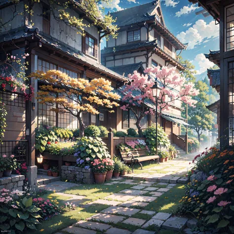 there is a painting of a garden with a bench and a building, detailed painting 4 k, highly detailed digital painting, digital painting highly detailed, very detailed digital painting, detailed 4 k painting, , detailed digital painting, anime background art...