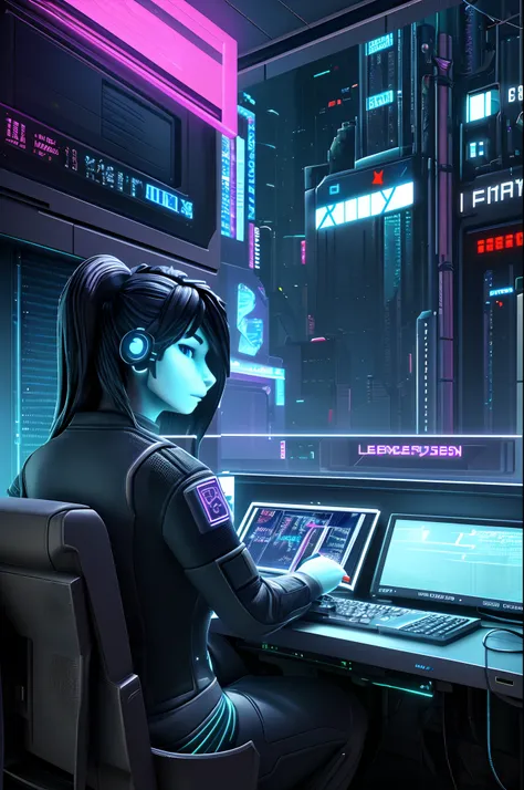 ((Best quality)), ((masterpiece)), (highly detailed:1.3), 3D, beautiful (cyberpunk:1.3) female hacker with thick voluminous hair operating a computer terminal, computer servers, LCD screens, fibre optic cables, corporate logos,HDR (High Dynamic Range),Ray ...