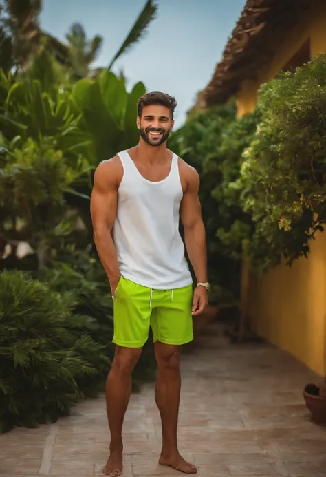 Figura masculina, homem branco e musculoso, 30 anos, cabelos louros(amarelados) curto, olhos verdes, dentes perfeito, sem vestir nenhuma camisa, wearing only short shorts, personal trainee, no fundo da imagem uma piscina