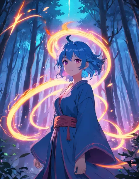 (a blue-haired demon woman,spells:1.1,glowing:1.1)(illustration)(best quality,ultra-detailed,realistic:1.37),demonic witch(demonic:1.1)(magic:1.1)(forest)(dark and mysterious,ominous atmosphere),casting powerful spells,creating magical energy(magic:1.1),vi...