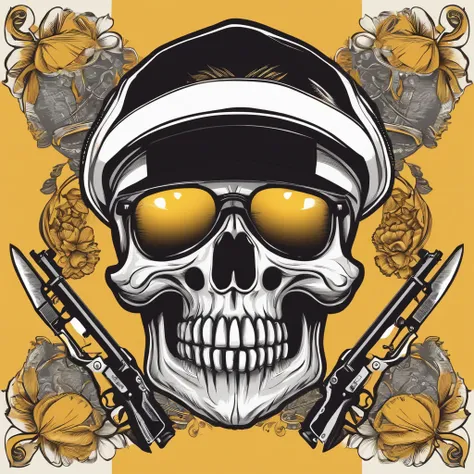 a baby skull with cap on its head vector,detailed digital art, skull design for a cute poster,gun,detailed art cartoon in color,cute skull with line yellow,logo type,white background