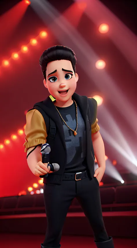 A young singer in black outfit and microphone in hand at a concert, olhos castanhos claro, hair combed back, Pixar Style Poster