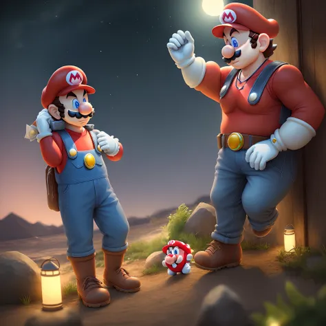 Photorealistic Mario with jewelry, night time