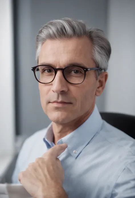 A distinguished 45-year-old man with salt and pepper hair, wearing glasses, sits at his desk in a doctors office. On the desk, there are various medical charts and a computer. The man looks directly at the camera with a serious expression.