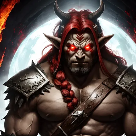 Berserker, Barbarian Orc,  Arte de Fantasia, of his gaze alone enemies beginning to panic, one head, devilish smile, besta do inferno, demonio, White Fire Sky, guerreira, com foice e escudo, lindo, Orcs, Werelion, Long red braided hair, olhos dourados bril...